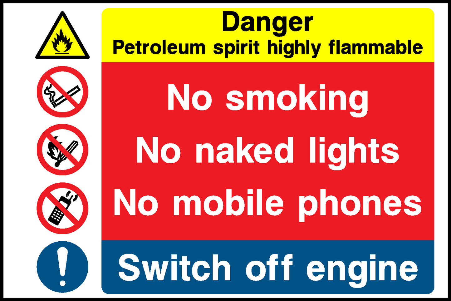 Danger Petroleum Spirit Highly Flammable No Smoking No Naked Lights No Mobile Phones Switch Off Engine Multi Purpose Signage - MULT0033