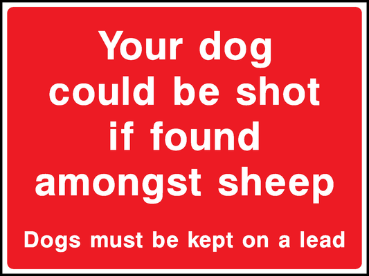 Your Dog Could Be Shot If Found Amongst Sheep Dogs Must Be Kept On A Lead Countryside & Agriculture Signage - COUN0102