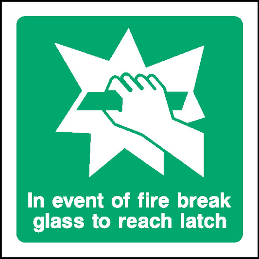 In Event Of Fire Break Glass To Reach Latch Emergency Escape Signage - EMER0066