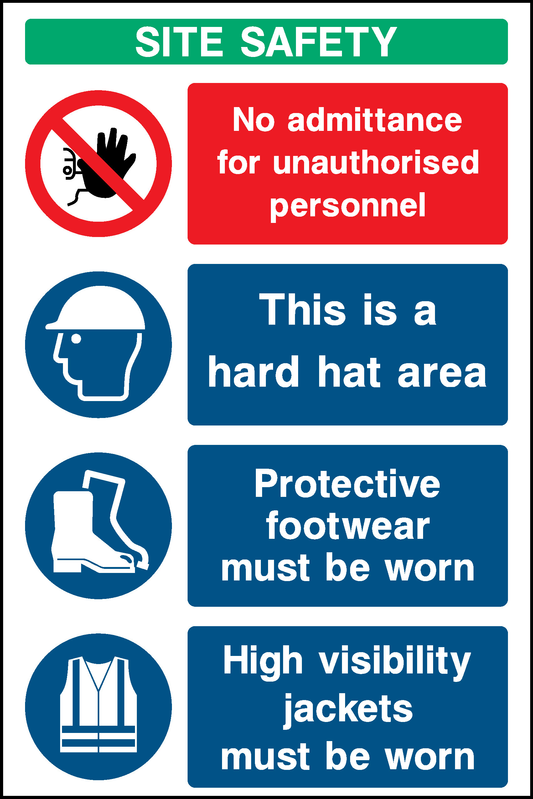 Site Safety No Admittance For Unauthorised Personnel This Is A Hard Hat Area Protective Footwear Must Be Worn High Visibility Jackets Must Be Worn Construction-Signage - CONS0013