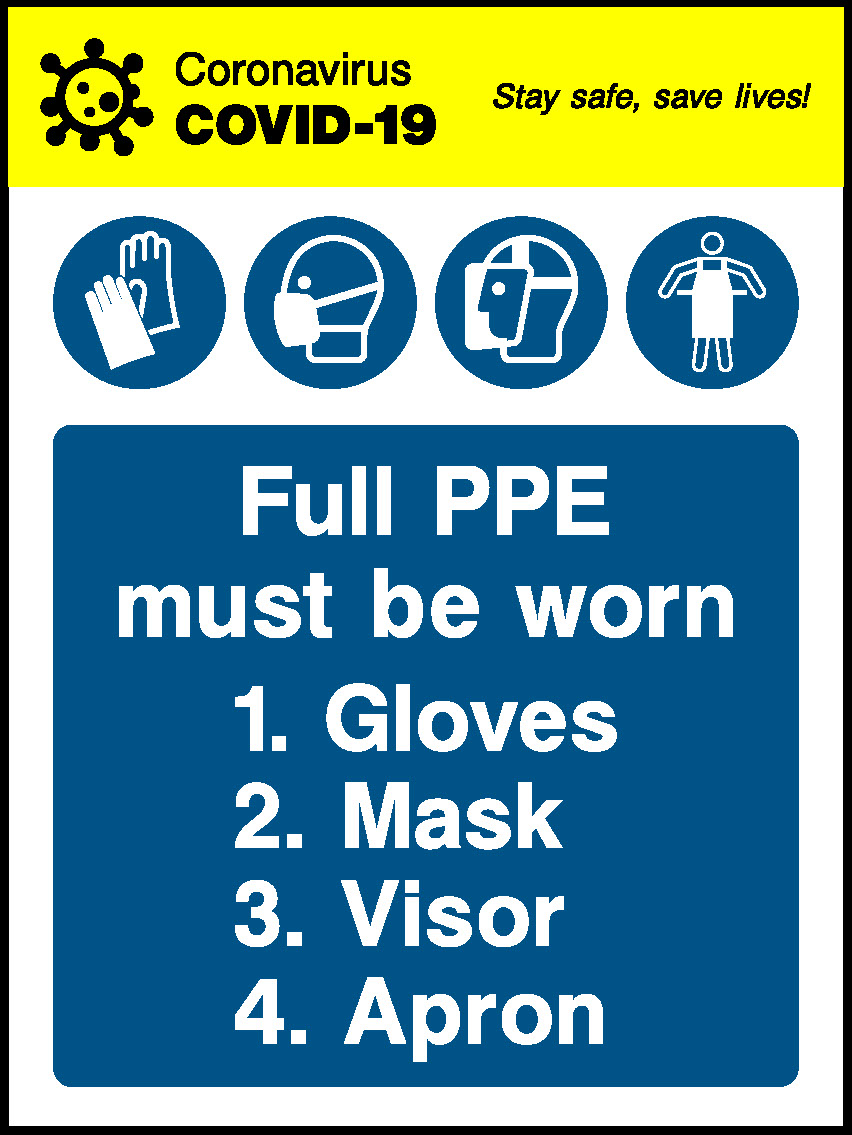 Coronavirus Stay Safe, Save Lives! Covid.19 0000 Full Ppe Must Be Worn 1. Gloves 2. Mask 3. Visor 4. Apron Covid Signage - COVI0049