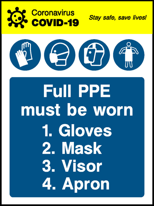 Coronavirus Stay Safe, Save Lives! Covid.19 0000 Full Ppe Must Be Worn 1. Gloves 2. Mask 3. Visor 4. Apron Covid Signage - COVI0049