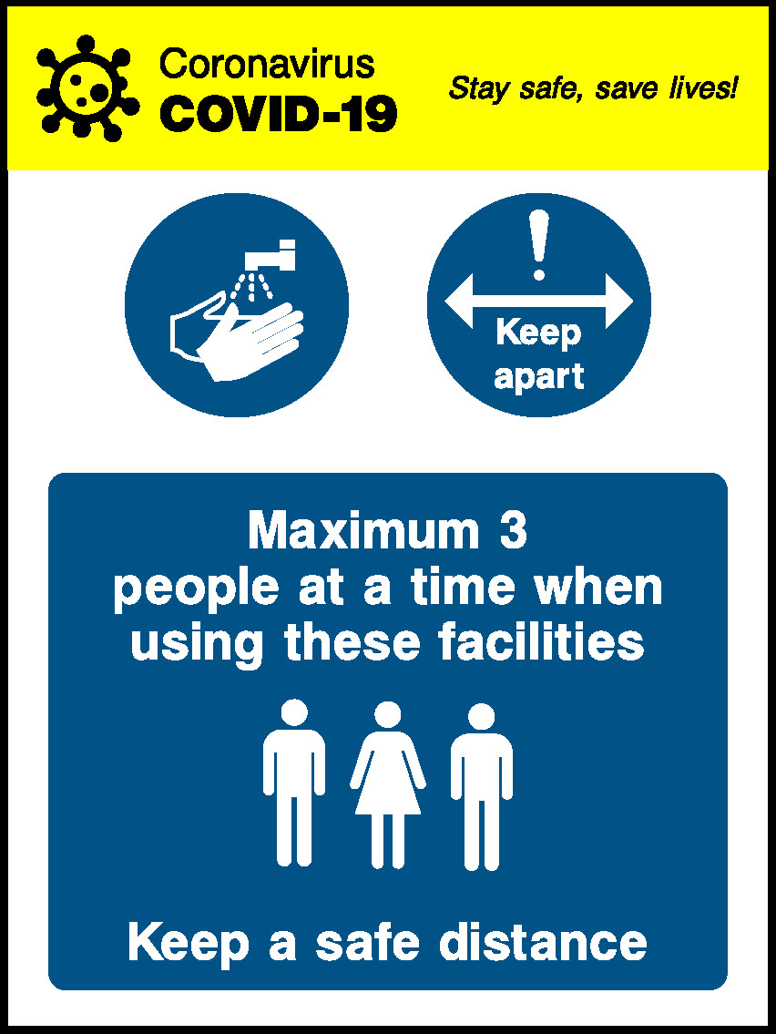 Coronavirus Stay Safe, Save Lives! Covid.19 Keep Apart Maximum 3 People At A Time When Using These Facilities Keep A Safe Distance Covid Signage - COVI0047