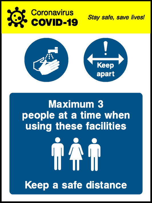 Coronavirus Stay Safe, Save Lives! Covid.19 Keep Apart Maximum 3 People At A Time When Using These Facilities Keep A Safe Distance Covid Signage - COVI0047