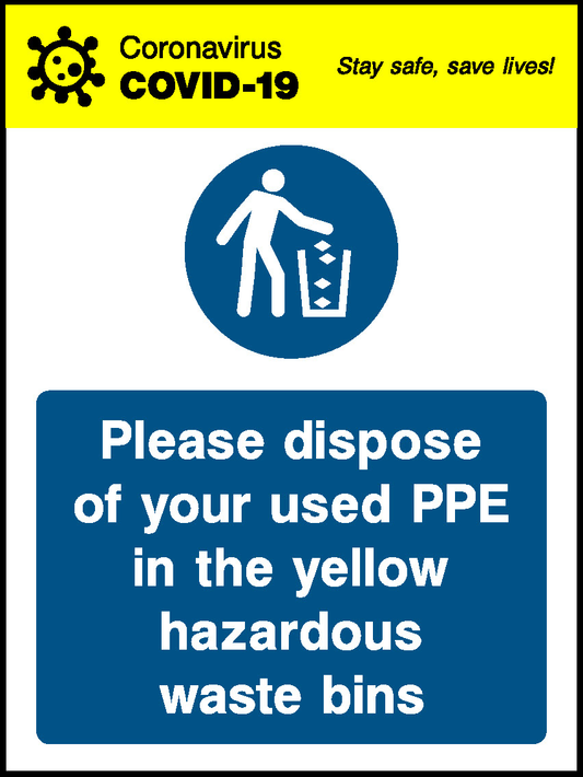 Coronavirus Stay Safe, Save Lives! Covid.19 Please Dispose Of Your Used Ppe In The Yellow Hazardous Waste Bins Covid Signage - COVI0042