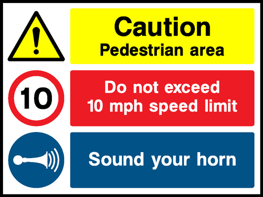 Caution Pedestrian Area Do Not Exceed 10 Mph Speed Limit Sound Your Horn Garage Signs Signage - GARA0027