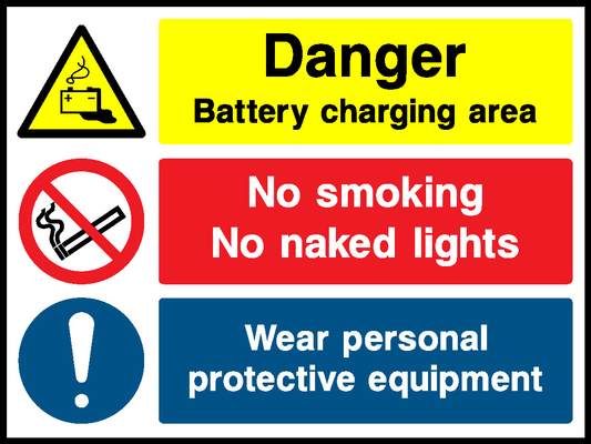 Danger Battery Charging Area No Smoking No Naked Lights Wear Personal Protective Equipment Garage Signs Signage - GARA0025