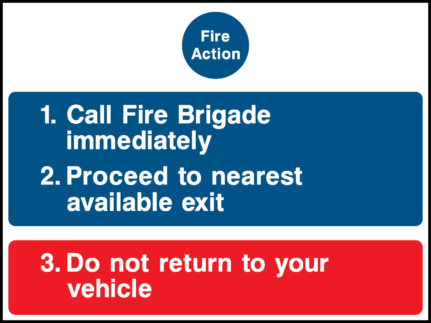 Action 1. Call Fire Brigade Immediately 2. Proceed To Nearest Available Exit 3. Do Not Return To Your Vehicle Parking Signage - PARK0014