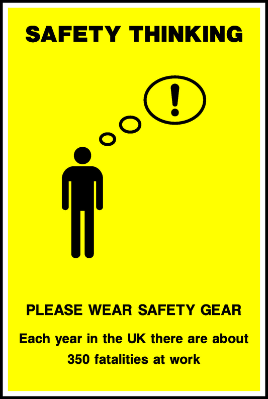 Safety Thinking Please Wear Safety Gear Each Year In The Uk There Are About 350 Fatalities At Work Safety Posters Signage - POST0008