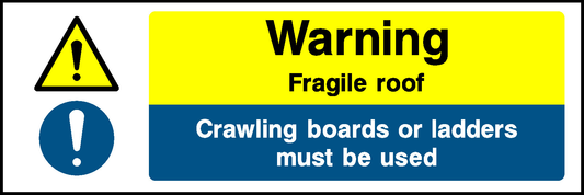 Warning Fragile Roof Crawling Boards Or Ladders Must Be Used Construction-Signage - CONS0045