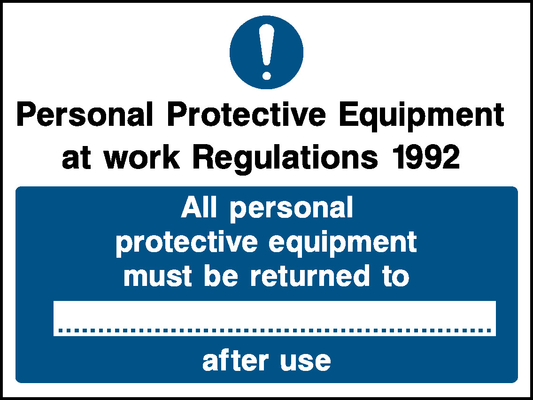 Personal Protective Equipment At Work Regulations 1992 All Personal Protective Equipment Must Be Returned To After Use Mandatory Signs Protective Clothing Signage - PROT0018