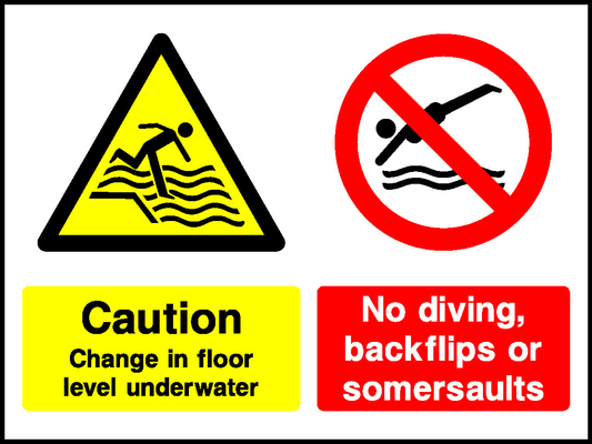 No Diving, Caution Backflips Or Change In Floor Somersaults Level Underwater Water Safety Signage - WATE0058